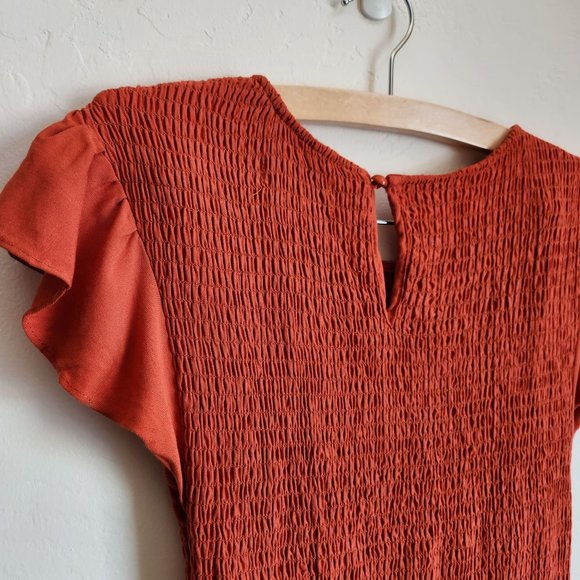NEW! KYL smocked tiered dress with short ruffle sleeves in rust orange Size M - Picture 8 of 13